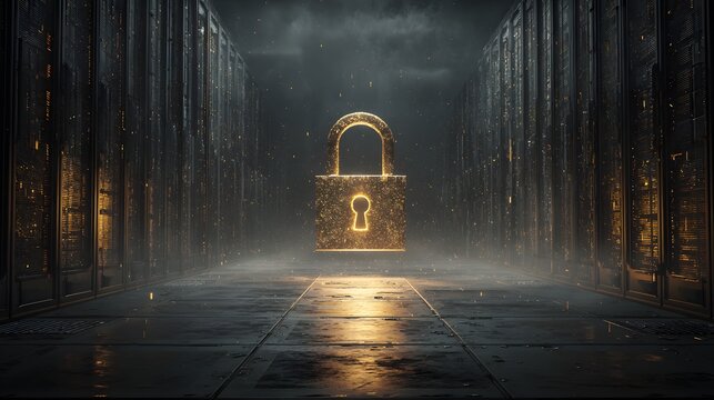 Golden glowing padlock in futuristic data center representing cybersecurity
