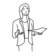 線画で描かれた書類を手に持って説明する女性ビジネスパーソンのベクターイラスト｜会議やプレゼン資料の発表シーンに適したモノクロのシンプルな人物素材