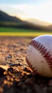 Close-up captures a baseball on a dirt field with blurred landscape background during sunset, showcasing a classic sporting scene.