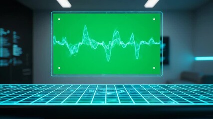 Futuristic Holographic Green Screen Display with Animated Waveform in a High-Tech Command Center - Powered by Adobe