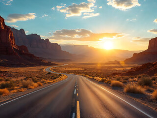 Road under sunset in desert landscape.