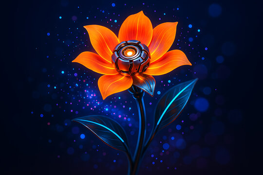 Beautiful neon flower with metallic robotic center blending natural beauty and futuristic innovation in science and technology