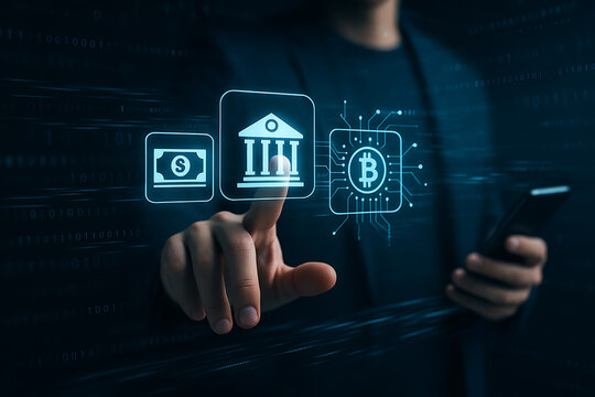 Business hand interacting with holographic financial interface showing digital banking currency and bitcoin blockchain transaction icons - Powered by Adobe