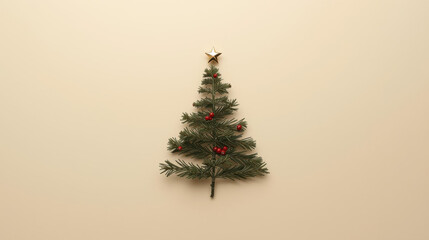 Minimalist Christmas tree with pine branches, red berries, and star on top against beige background