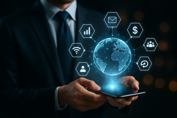 Businessman holding smartphone with glowing holographic globe and digital network icons representing global technology and connectivity concept