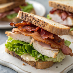 Delicious sandwich with bacon, chicken and lettuce on marble table