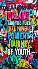 Inspiring graffiti art with motivational quote 'Dreams are the fuel that powers the journey of youth' perfect for vision boards