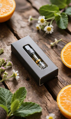 A vaporizer cartridge with herbal extract presented in a box, surrounded by fresh orange, mint, and chamomile flowers on a rustic wooden surface for a natural wellness concept