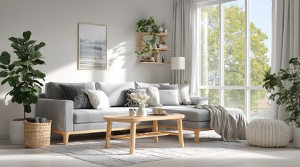 Obraz premium A contemporary living room with a minimalist gray sofa and clean, spacious design.