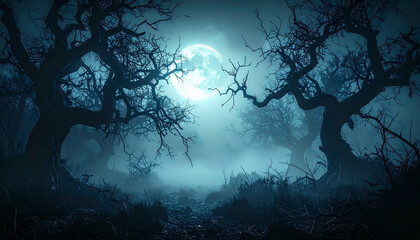 Spooky, misty forest at night under a full moon.