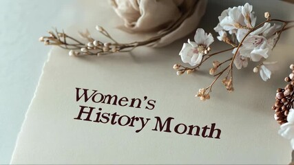 Delicate flowers and subtle fabric adorn a card celebrating Women's History Month, honoring female achievements and contributions throughout time with gentle beauty and grace.
