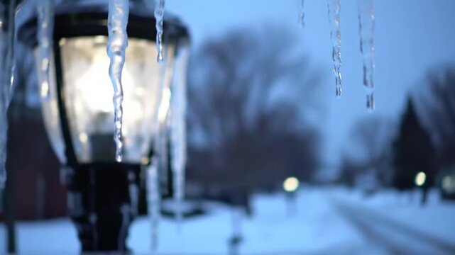 Icicles on outdoor lantern dusk