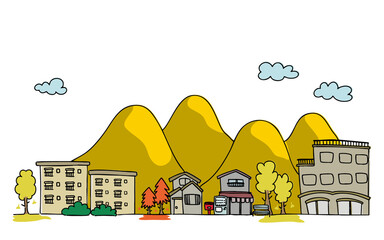 秋の紅葉がキレイな手描きラフな街並みの背景イラスト・季節