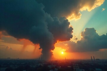 Obraz premium Dark, polluted clouds hang heavy in the sky, obscuring the sun, a stark image of environmental pollution and atmospheric degradation , smog cloud, clouds