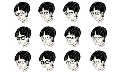 色々なメガネを掛けた女性のアンニュイなイラストセット
