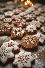 Fototapeta premium ia generated. Close-up of gingerbread cookies decorated with white icing, festive blurred background, macro details