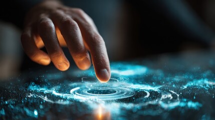 Luminous Touch: A Finger Ignites a Swirling Blue Digital Interface