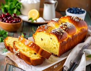 Sliced brioche loaf with fruit