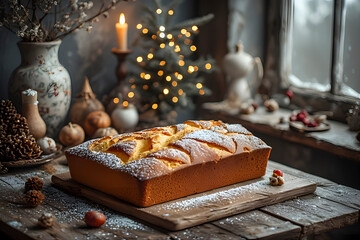 Obraz premium ia generated. Traditional Italian panettone on a rustic wooden table, festive props around it, high-resolution food photography