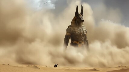 Majestic Anubis rises from desert dust during a mystical storm in ancient Egyptian landscape at twilight