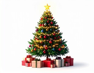 A decorated Christmas tree with colorful ornaments and lights, topped with a star, surrounded by wrapped gifts on a white background