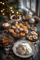 Fototapeta premium ia generated. Holiday dessert table with nougats, marzipan, and powdered sugar cookies, overhead shot