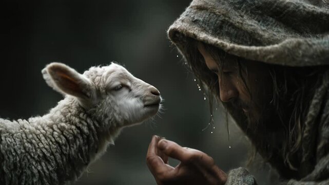 Depiction of a compassionate encounter between Jesus and a lamb amid a serene, rainy landscape

