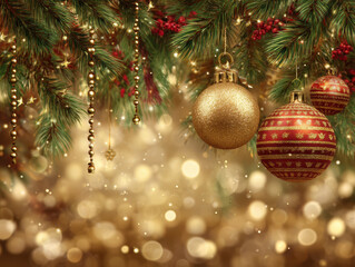 Obraz premium Festive Christmas ornaments hang from pine branches, featuring gold and red baubles with intricate patterns. background is warm, glowing bokeh, creating joyful holiday atmosphere
