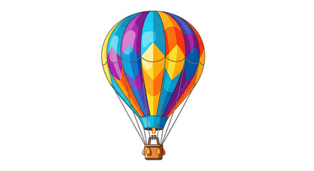 Fototapeta premium Colorful hot air balloon cartoon vector illustration, vibrant striped design with basket, isolated on White Background