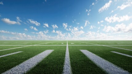 Obraz premium A wide shot of a green soccer field with white lines, surrounded by empty bleachers. The sky is blue with white clouds.