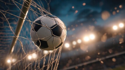 
Dynamic Close Up Soccer Ball in Net with Stadium Lights. 