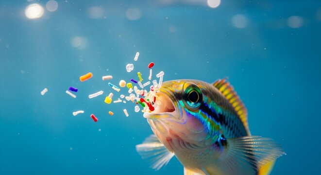 Small fish spitting out colorful microplastic particles underwater. Ocean pollution and marine life conservation concept for environmental awareness.
