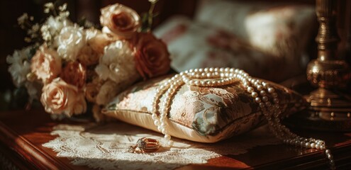 Elegant wedding still life shows bridal bouquet, jewelry, rings, and floral pillow on antique wood