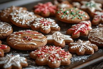 ia generated. Close-up of gingerbread cookies decorated with white icing, festive blurred background, macro details
