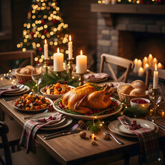 Obraz premium ia generated. Holiday dining table with roasted golden turkey, candles, crystal glasses, and elegant decorations, stock photo style,