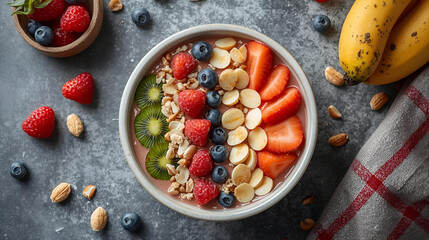 Vibrant and healthy breakfast smoothie bowl artfully topped with fresh strawberries, raspberries, blueberries, kiwi, and nuts on a dark table