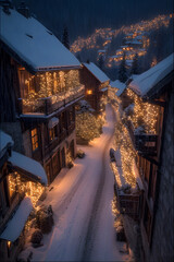 Obraz premium ia generated. Alpine village decorated with Christmas lights, snow on rooftops, dusk blue hour, ultra-detailed 