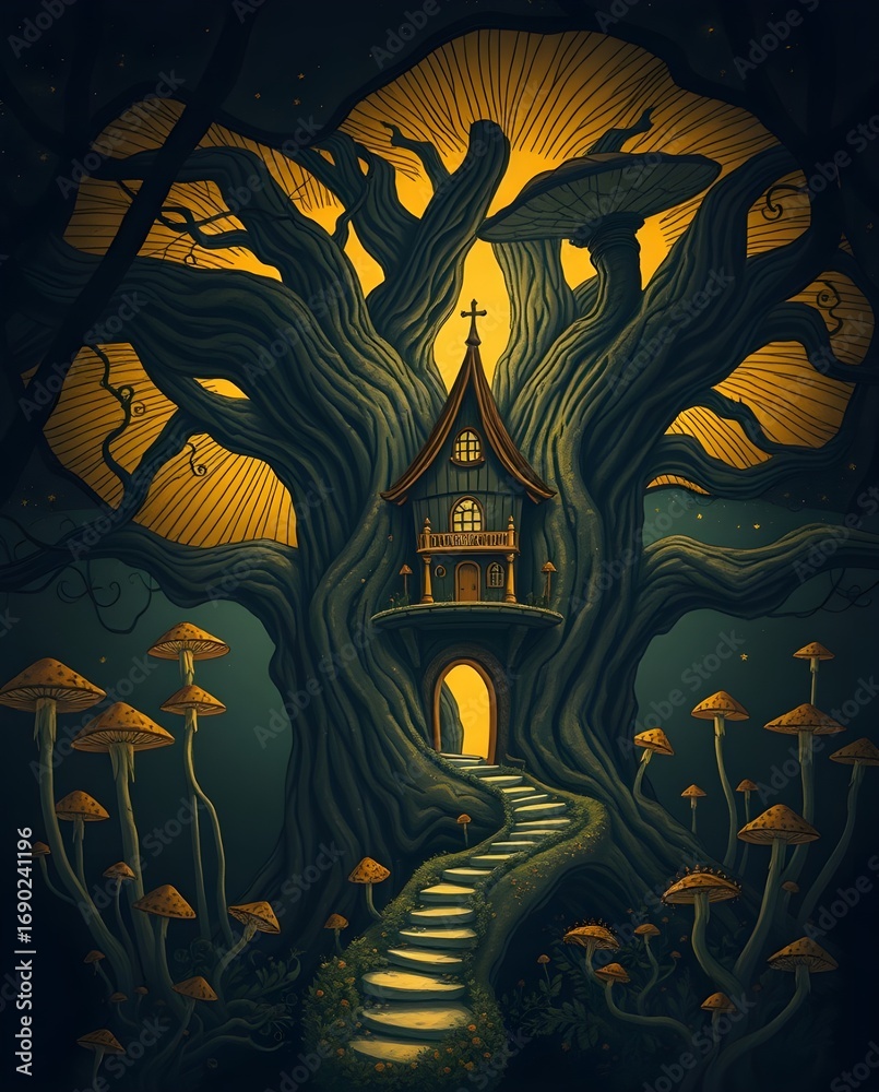 Canvas Prints enchanted treehouse at night - a whimsical treehouse nestled within a giant, gnarled tree glows warm
