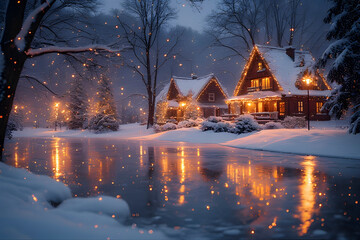Fototapeta premium ia generated. Frozen lake reflecting Christmas lights from nearby houses, photorealistic winter landscape 