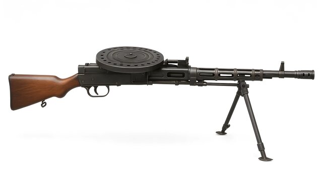 Side View of DP-28 Light Machine Gun on Bipod, White Background