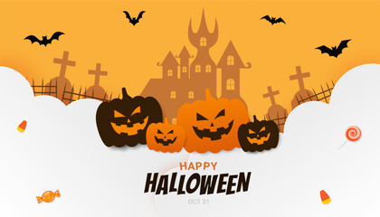 Character of orange pumpkins with silhouette halloween theme and colorful candy element on clouds, Vector illustration