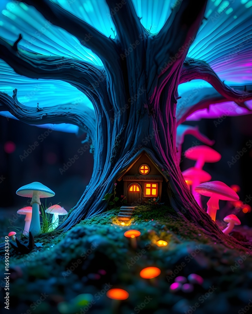 Wall mural enchanted treehouse with glowing mushrooms - a whimsical treehouse nestled in a large, ethereal tree