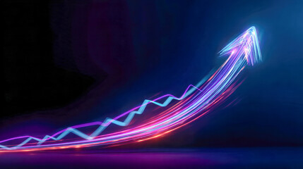 Vibrant glowing neon arrow with colorful light trails curving upward symbolizing growth success and positive progress on a dark background in dynamic motion