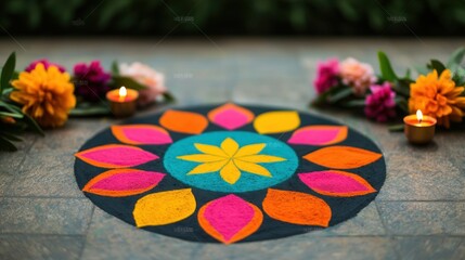 Colorful Rangoli Design with Powdered Colors Surrounded by Floral Decorations and Candles on a Stone Surface