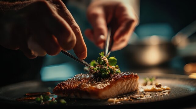 Chef plating salmon with tweezers for elegant restaurant presentation.