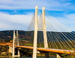Obraz premium Modern cable-stayed bridge spanning water, mountains in background