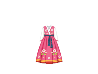 Pink traditional hanbok dress with floral patterns and blue sash korean