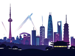 Neon Seoul cityscape silhouette with spotlights and traditional building night