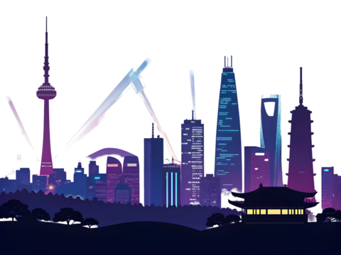 Neon Seoul cityscape silhouette with spotlights and traditional building night