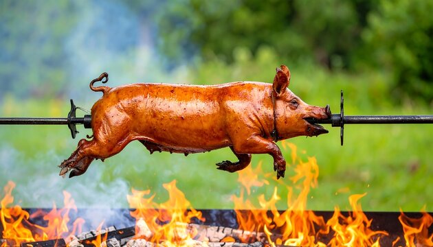 Roasted pig on a spit over a fire